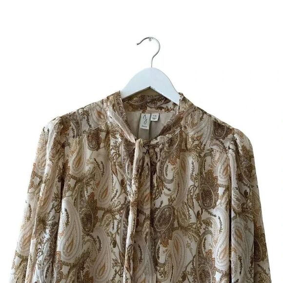 Joie PAISLEY PRINTED RETRO BLOUSE Linen IN BROWN Cream SZ L #1955 - Picture 2 of 11